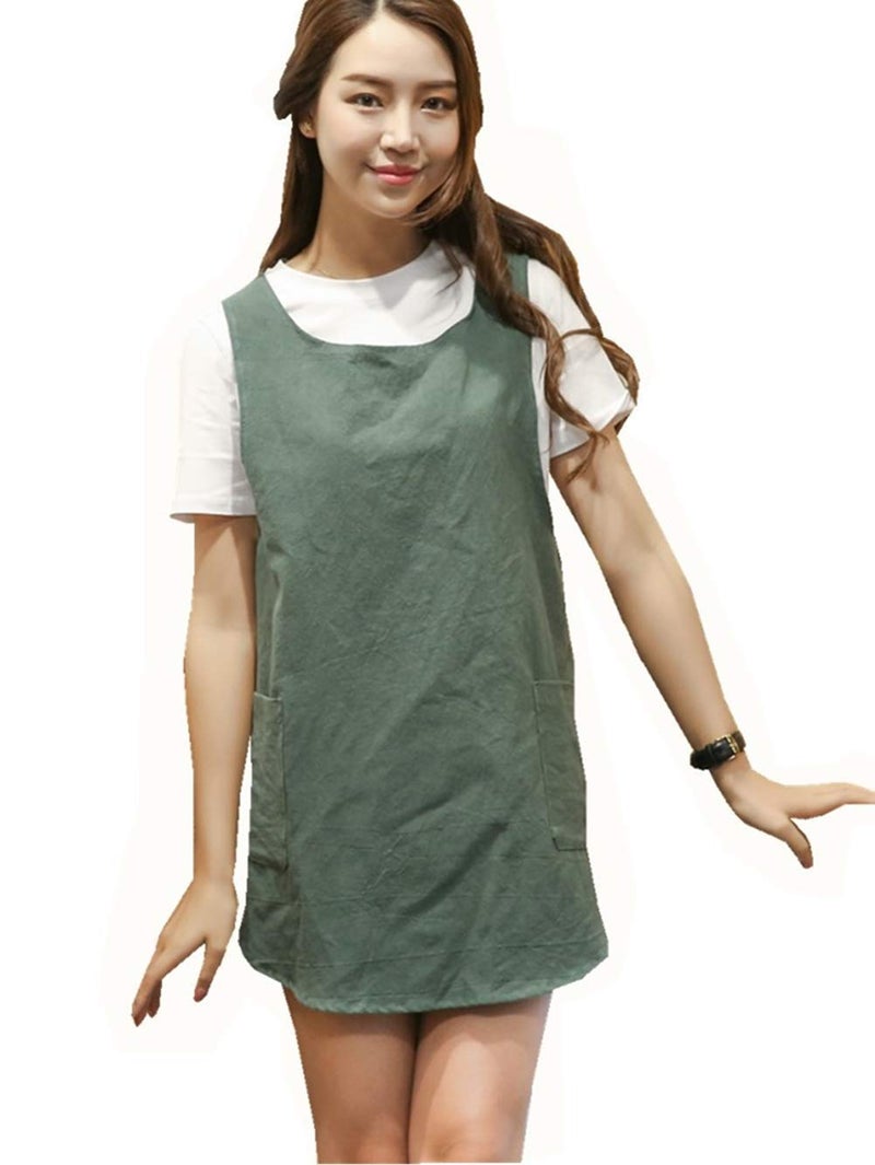 KKTOCHVC Japanese Style Soft Cotton Linen Apron with Two Side Pockets, X Cross Halter Apron, Kitchen Cooking Clothes Present for Women DIY Project, Crafting, Cooking, Baking (Army Green) - Image 2